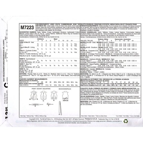 McCall's M7223 Boys 10 to 14 Special Occasion Vest, Cummerbund Sewing Pattern - Picture 2 of 2